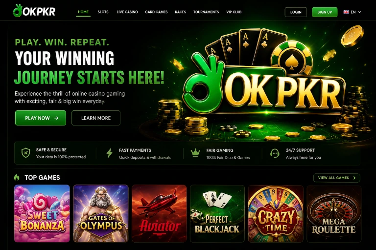 OKPKR  Game casino homepage design with slots blackjack roulette games interface