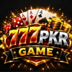 777PKR Game premium casino logo design with gold coins, poker chips and black luxury background