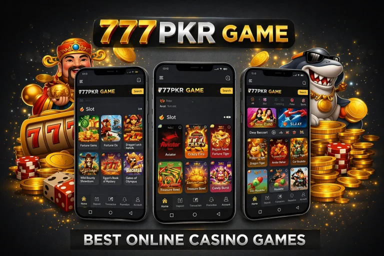 777PKR Game high quality casino logo with playing cards, dice and gold coins glowing red background