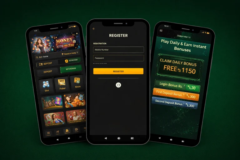 Play7778 game interface, registration form and bonus screen on mobile phones