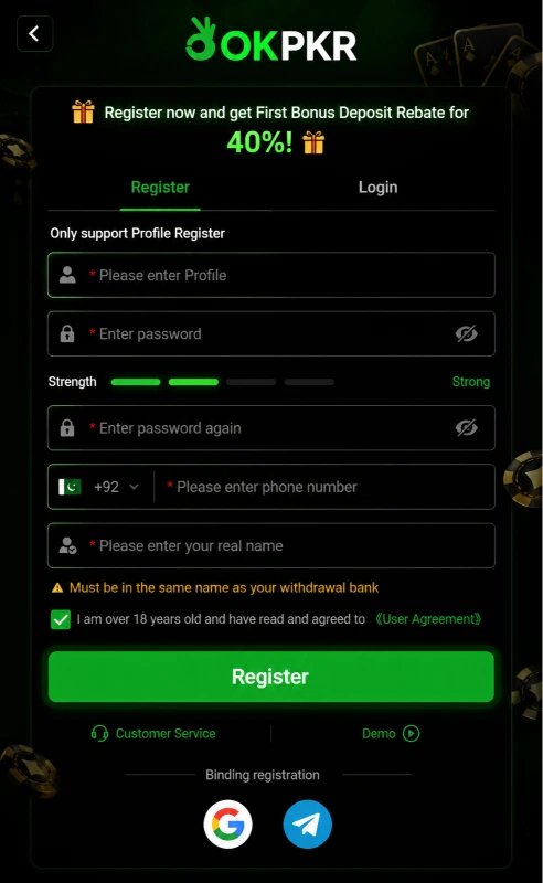 OKPKR  Game register page bonus 40 percent casino signup form mobile UI design