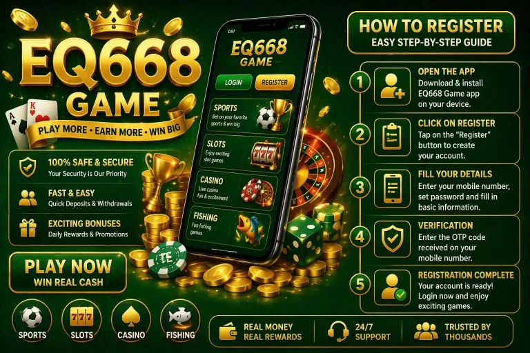 EQ668 Game online earning platform interface showing casino style games, rewards.