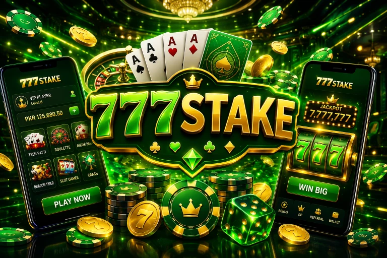 777STAKE game app interface with deposit system, rewards dashboard and casino games on mobile screens