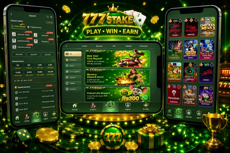 777STAKE Game casino game app with deposit options, game collection and green premium design