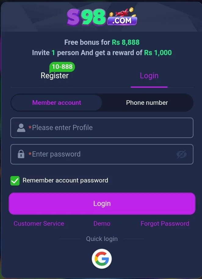 Register on S98 Game
