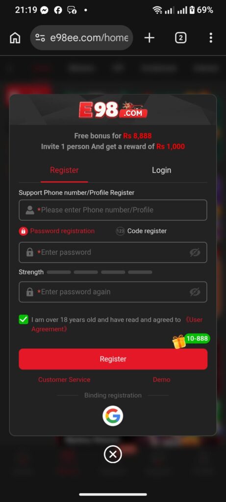 Register on the E98 Game